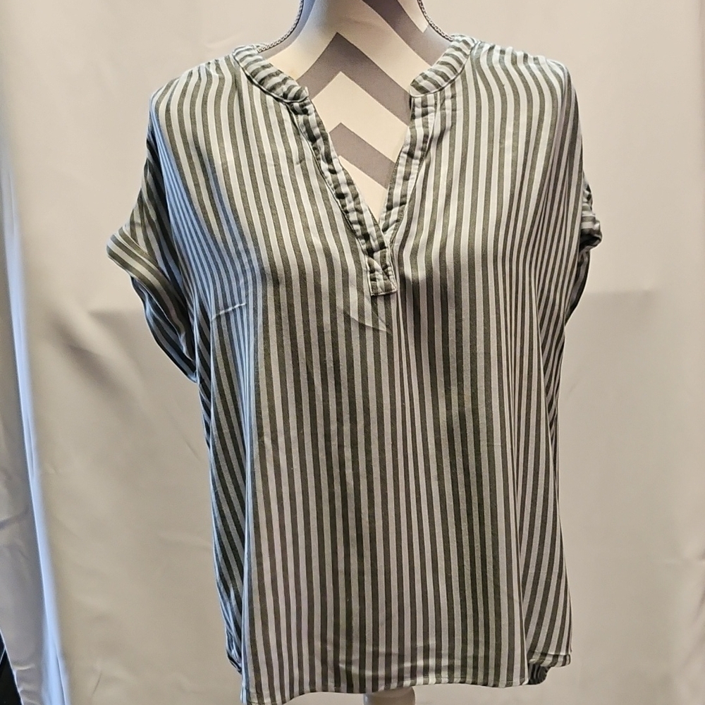 Jones New York Olive and White Striped Blouse